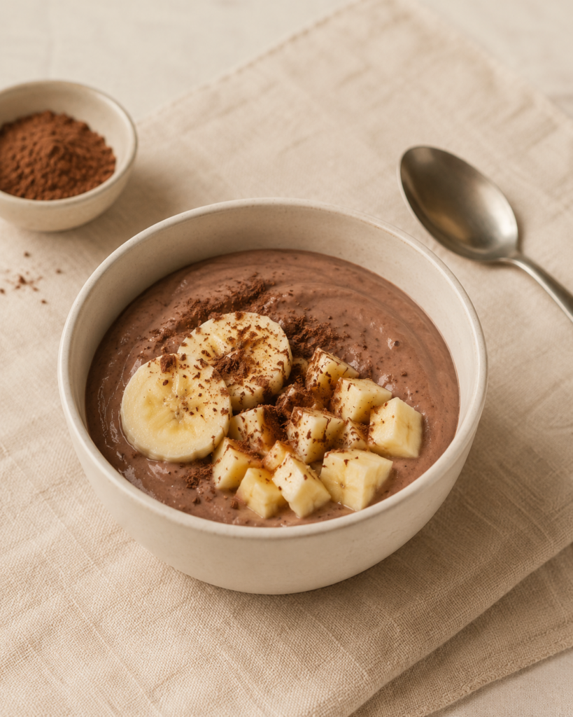 Postre proteico con yogur griego, cacao, banana y nueces como ejemplo de comida más completa para entender la ansiedad por el dulce.