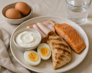 Comidas altas en proteína como huevos, yogur griego, pollo, pescado y pechuga de pavo