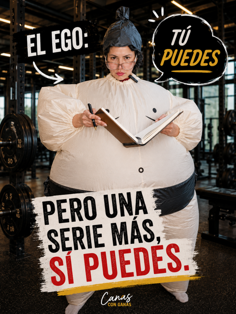 Persona usando un disfraz inflable de sumo dentro de un gimnasio, como representación humorística del ego en el entrenamiento.